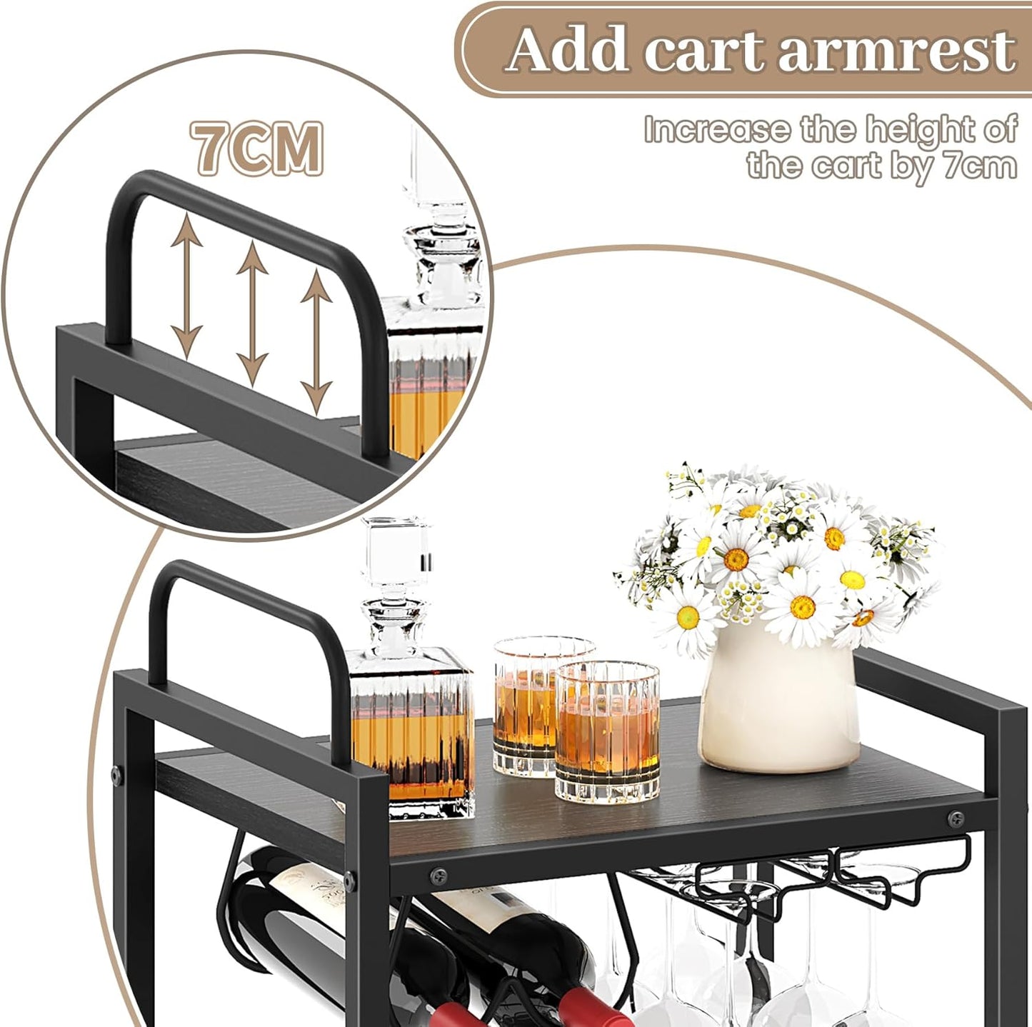 Bar Cart for the Home, 3 Tier Kitchen Carts with Wheels, Small Rolling Cart with Glass Holders, Wine Rack, Mini Bar Cart for Kitchen, Dining Room, Living Room, 13.0" D X 17.0" W X 33.8" H, Black