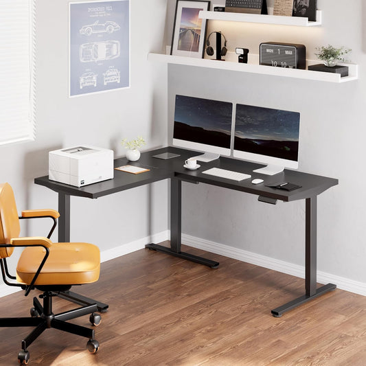 L Shaped Standing Desk, 63 X 55 Inch Electric Height Adjustable Corner Desk, Sit Stand Computer Workstation, Preset Controller, Home Office, Black Frame with Black Top