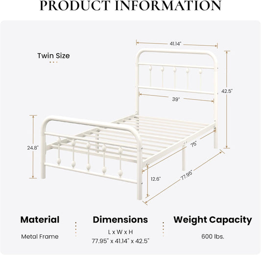 Twin Size Metal Platform Bed Frame with Victorian Style Iron-Art Headboard and Footboard, Easy Assembly, under Bed Storage, No Box Spring Required, off White