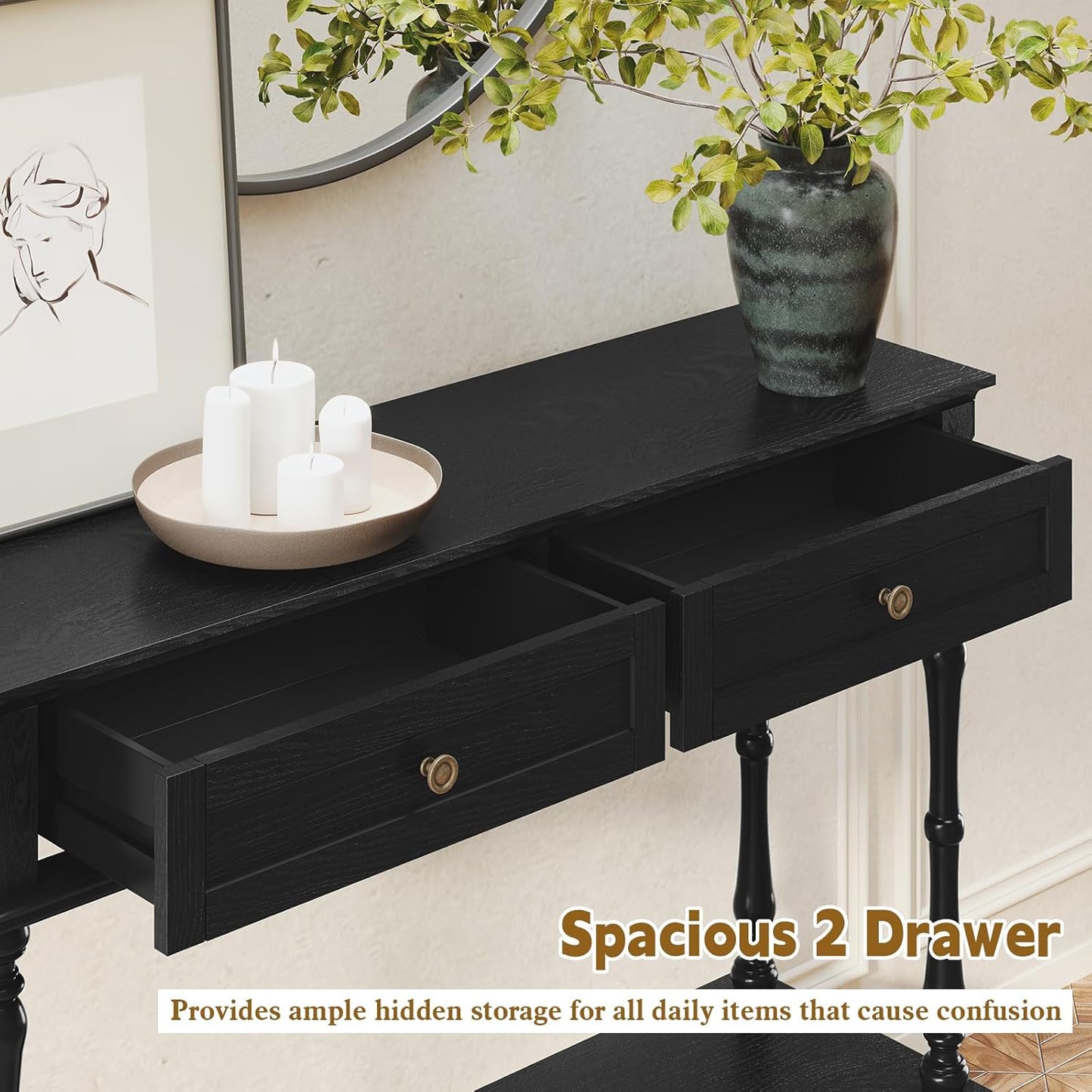 Console Table for Entryway with 2 Drawers-Minimal Assembly,Retro Entryway Tables with Storage Cabinets and Open Shelf,Narrow Long Couch Table behind Sofa for Living Room,Foyer,Hallway,Green