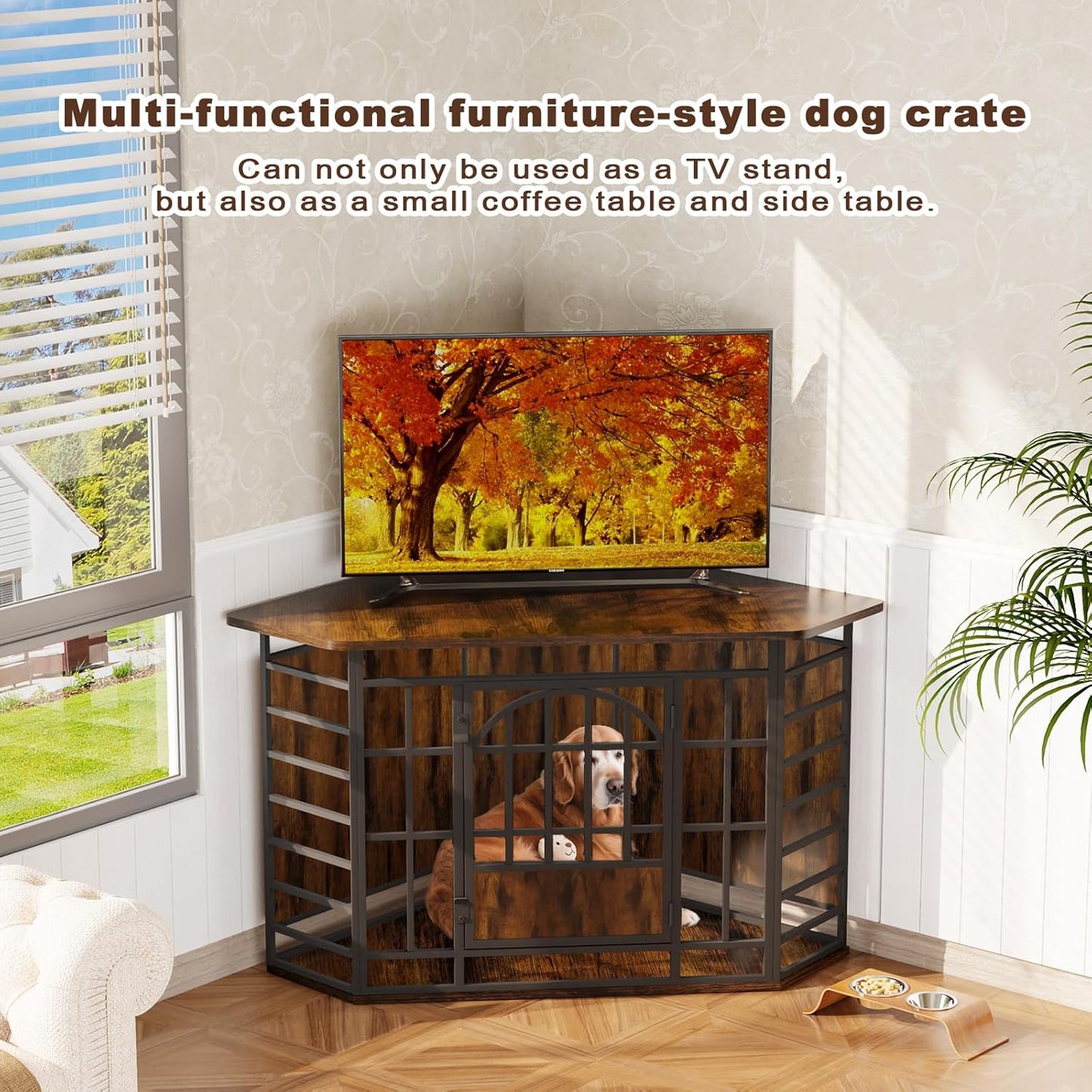 Corner Dog Crate Furniture, 52 Inch Large Dog Kennel Indoor Wooden End Table, Modern Dog Cage Decorative Pet House TV Stand for Medium Large Dogs,Grey