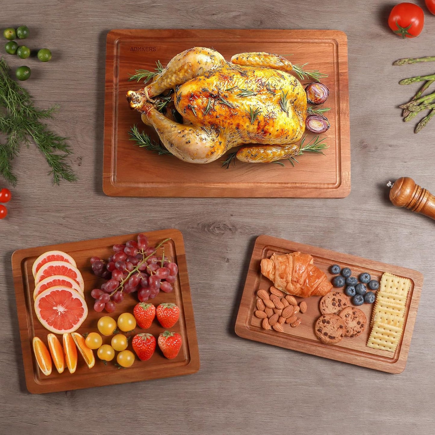 Acacia Wood Cutting Boards for Kitchen, Solid Wooden Cutting Board Set of 3, Charcuterie Board, Large Chopping Board for Meat, Cheese, Fruit, Vegetables (17X12, 12X10, 12X7 Inch)