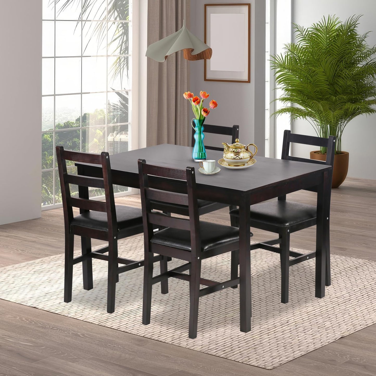 5 Pieces Kitchen Dining Room Set Dining Kitchen Table and Chairs Mid Century Style Wood Dinette Table Set for Home Family Dining Area Dark Brown