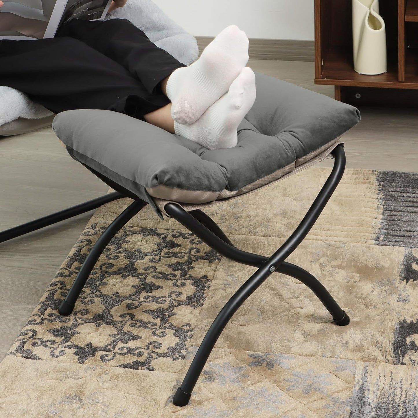 15"(H) Folding Ottoman, Foldable Footrest Stool, Portable Small Foot Stool for Couch, Collapsible Foot Rest Ottoman for Sofa, Accent Padded Ottomans for Living Room, Bedroom, Dark Grey