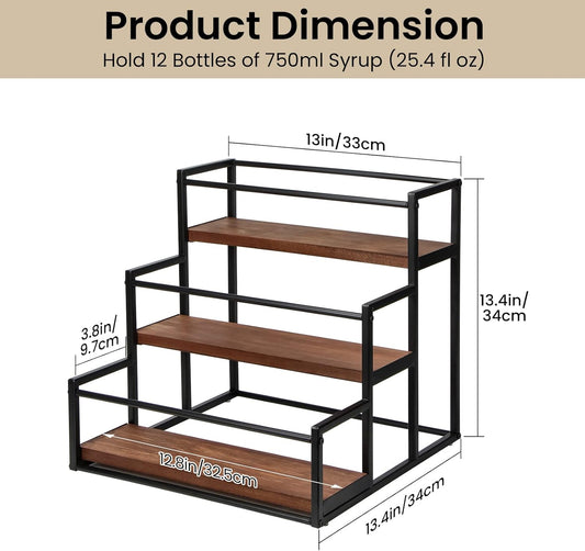 Coffee Syrup Rack Organizer 3-Tier 12 Syrup Bottles Holder Stand for Coffee Bar Station Storage Shelves for Syrup, Wine, Dressing for Kitchen