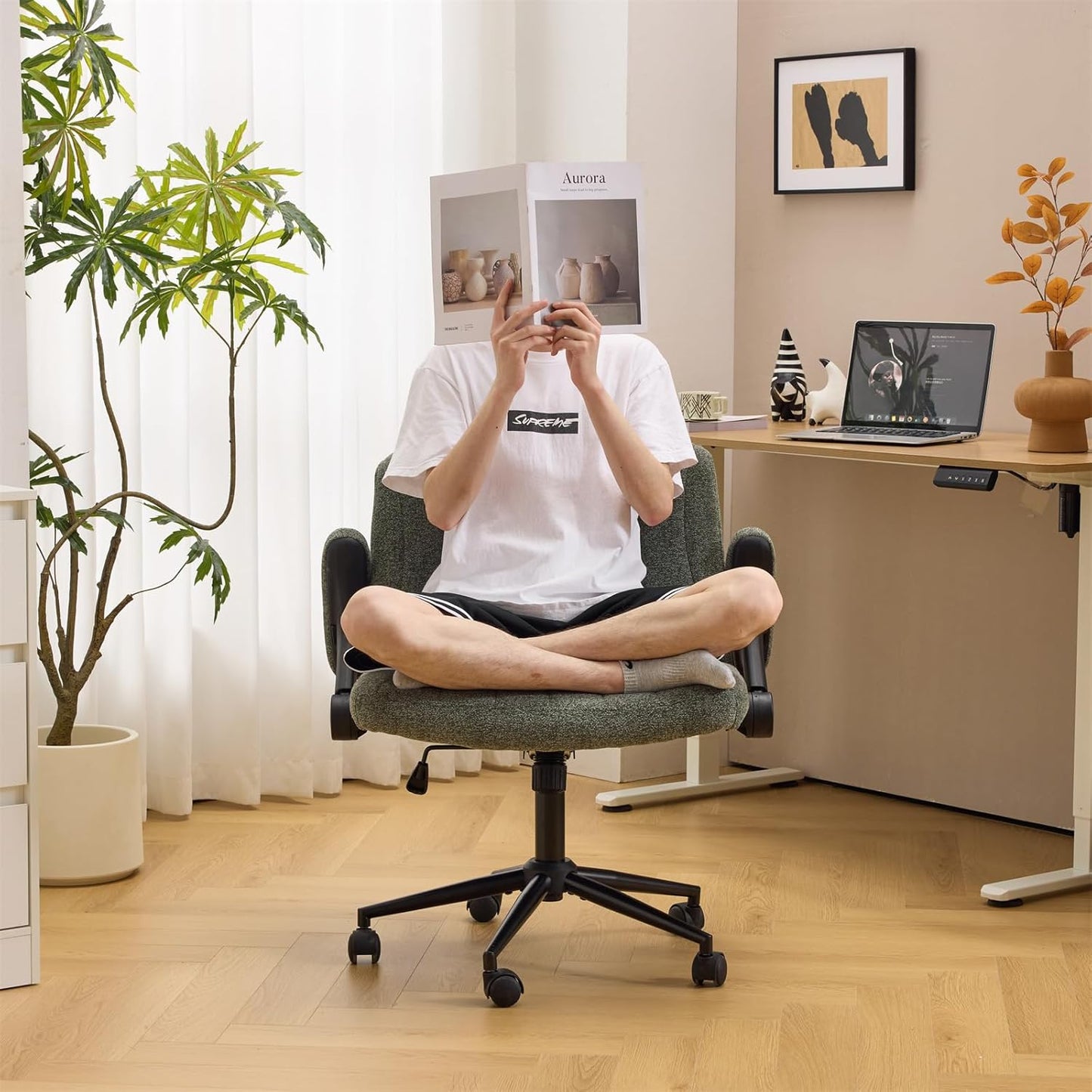 Criss Cross Chair with Adjustable Flip-Up Arms,Cross Legged Chair with Wheels, Extra Wide Office Chair,Cozy Desk Chair for Home Office, Vanity, Apartment,Chenille Velvet,Dark Green