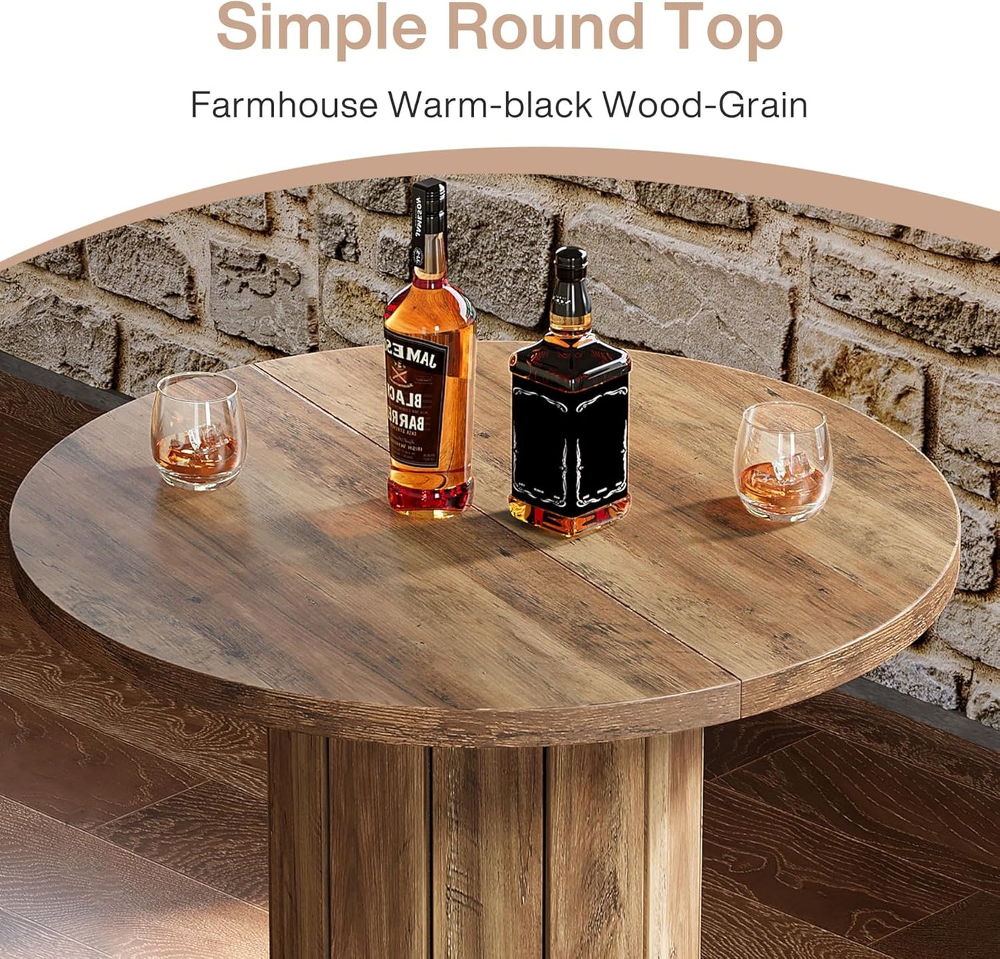 round Bar Table, 39.4" H Wood Bistro Pub Table with Metal Ring Footrest for Dining Coffee Cocktail Living Room, Small Space, Brown(Only Table)