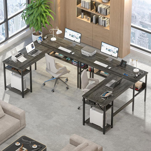 Reversible L Shaped Gaming Desk with Power Outlets and USB Charging Ports, Sturdy Computer Desk with Storage Shelf, Modern Corner Desk Home Office Table, Easy to Assemble, Gray Oak