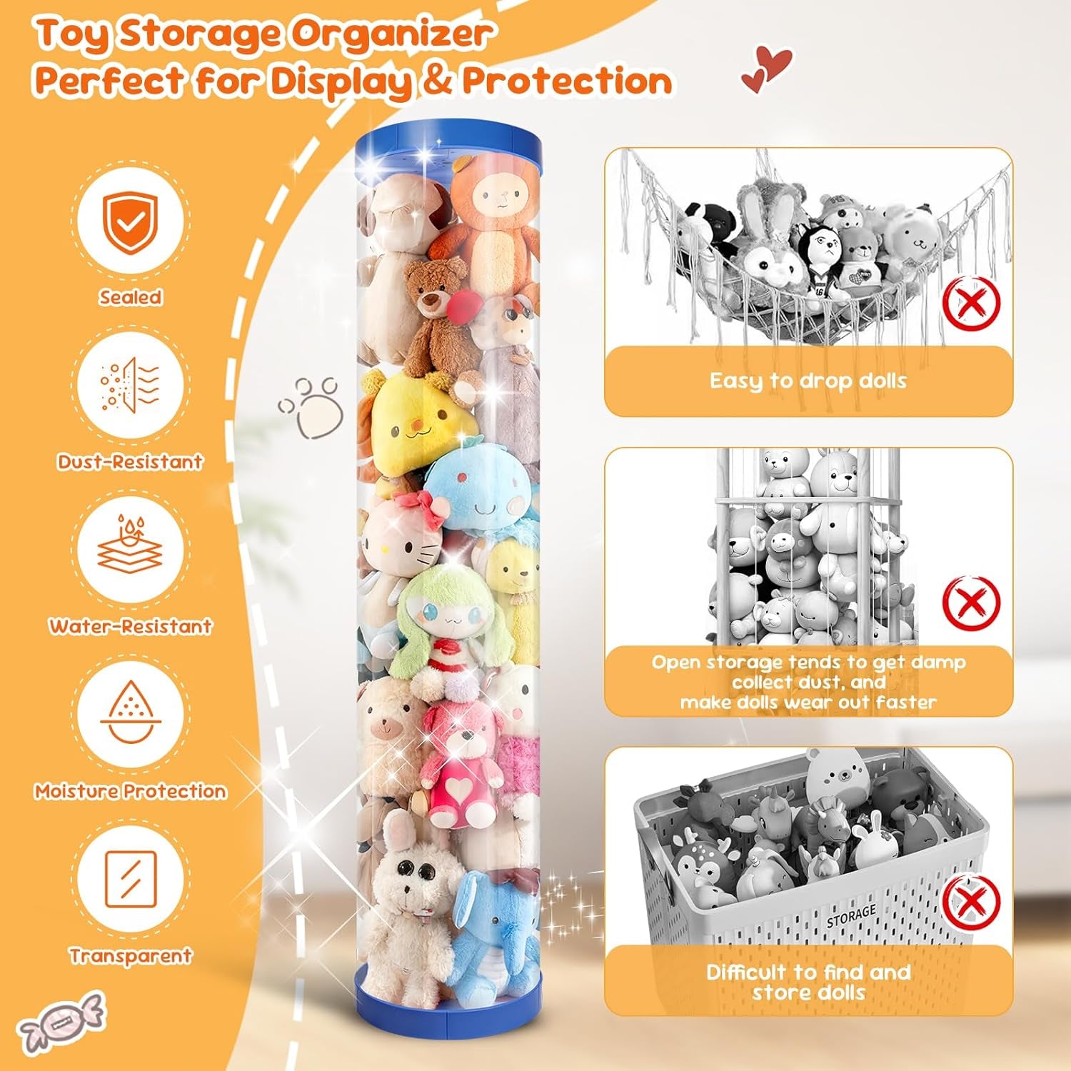 2 Pack Stuffed Animal Storage Tube - Clear 60 Inch Large Vertical Toy Organizer, PET Transparent Display Holder for Plushies, Kids Stuffed Animals Zoo for Playroom, Living Room, Bedroom