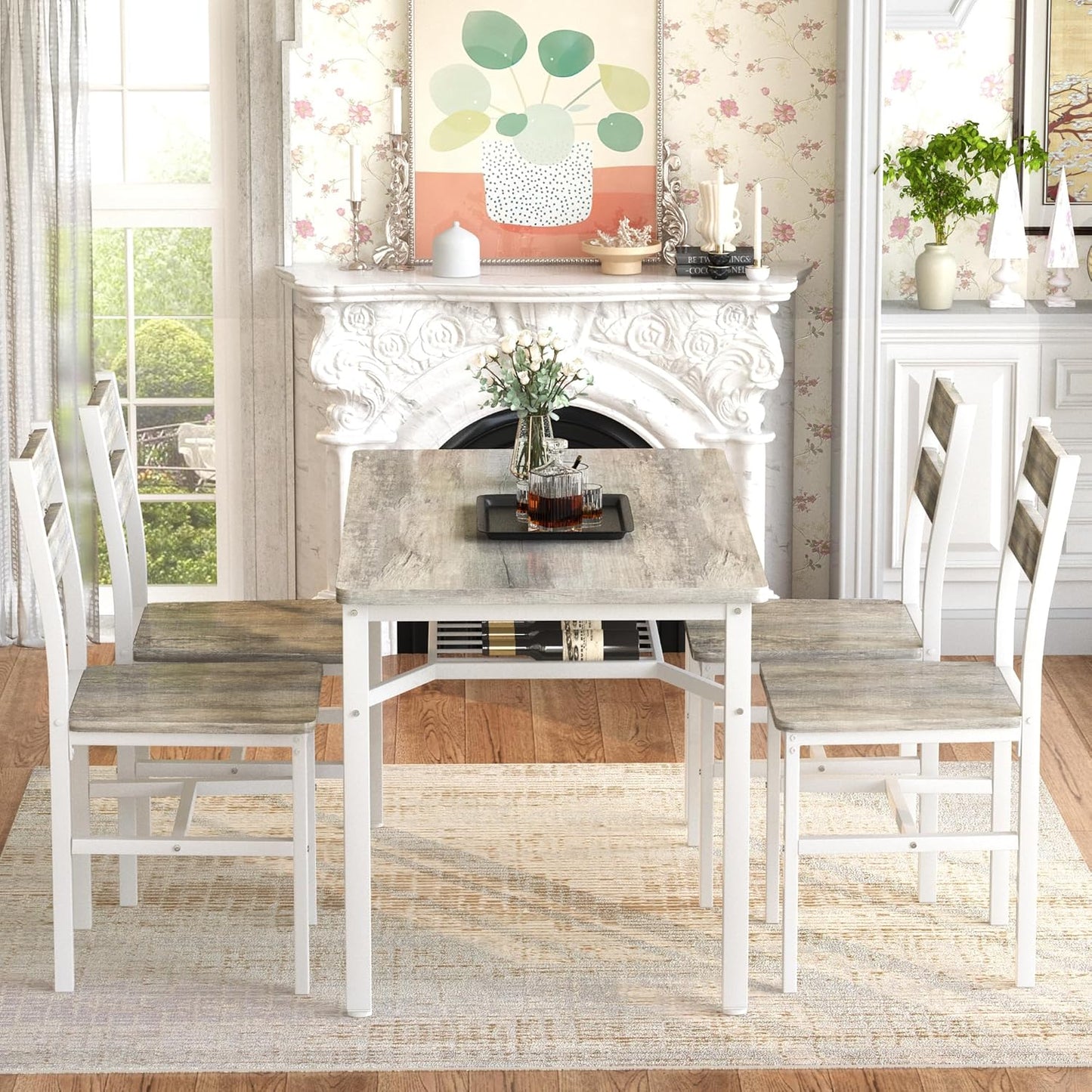 Dining Table Set for 4, Wood Kitchen Table Chairs Set with Storage, Farmhouse 5 Piece Dining Room Table Set, Space-Saving Dinette Set for Breakfast Nook, Apartment