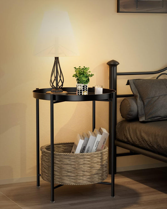 Small Side End Table - Metal Side Table Waterproof Small Sofa Coffee Side Tables Bedroom Indoor Outdoor with Removable Tray for Living Room Bedroom Balcony and Office