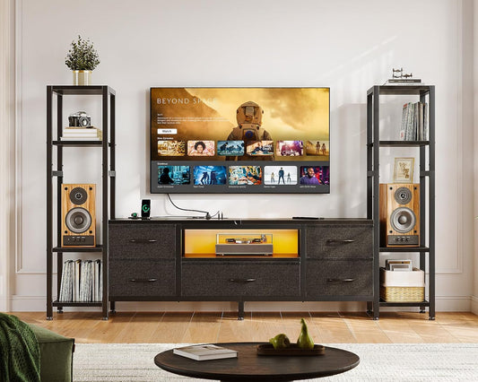 TV Stands for 43-50 Inch TV, Entertainment Center with LED Lights & Power Outlets for Tvs up to 55 Inch, TV Stand Living Room with 5 Fabric Drawers, TV Console Cabinet for Bedroom, Black