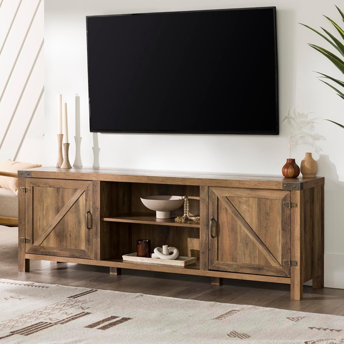 Georgetown Modern Farmhouse Double Barn Door TV Stand for Tvs up to 80 Inches, 70 Inch, Rustic Oak, without Fireplace, 15.75 X 70 X 24 Inches