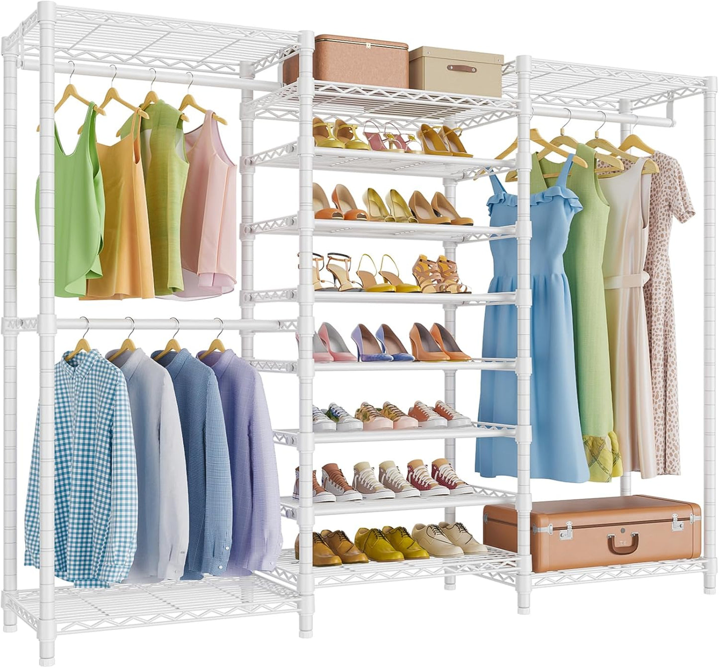 S3 Freestanding Clothes Rack Heavy Duty Garment Rack 6-Tier Shoe Racks Closet Storage Organizer Large Wardrobe, Hanging Rod, Adjustable Metal Shelf, 68.9" L X 15.7" W X 76.4" H, White