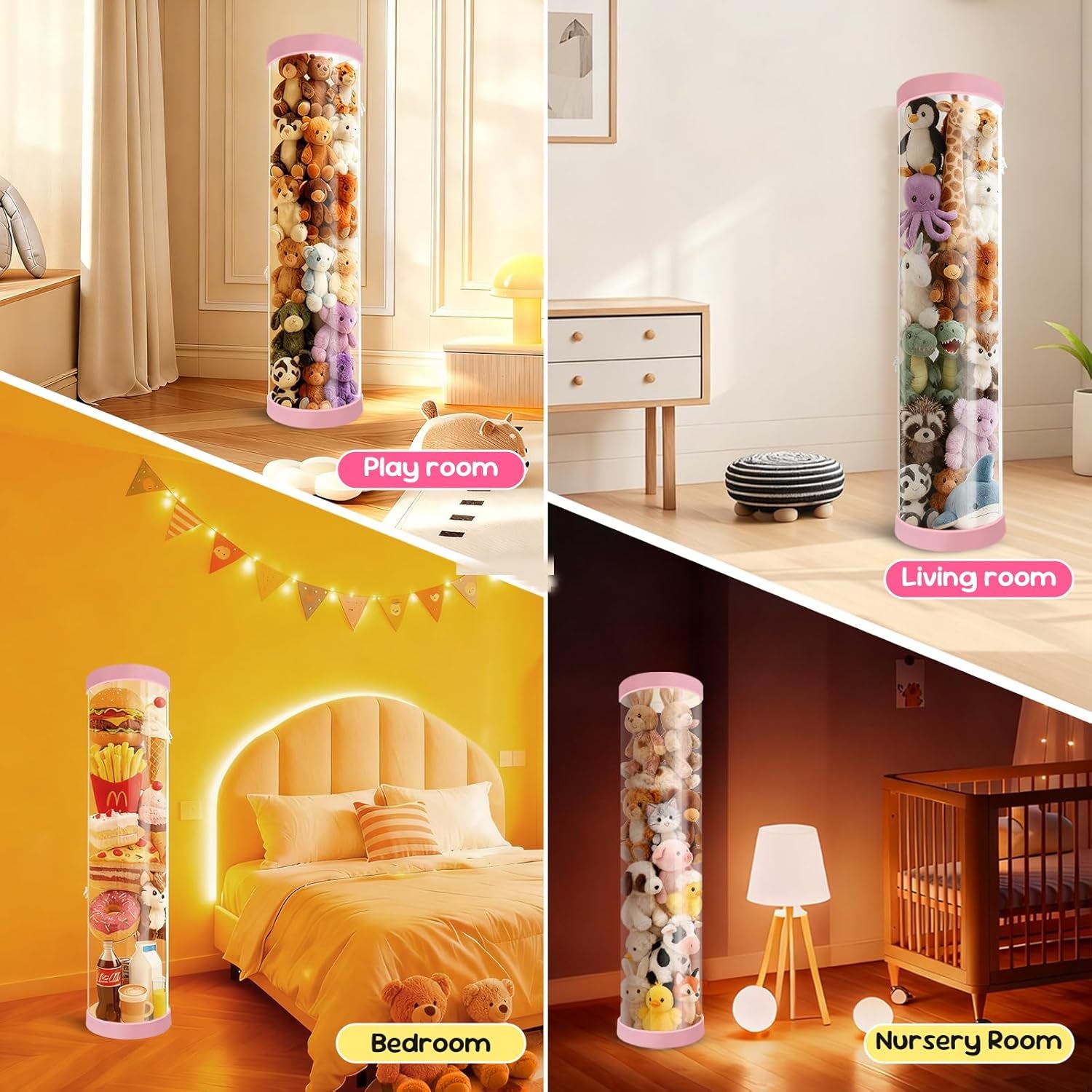 Upgraded Stuffed Animal Storage Tube, 47.24" Tall Stuff Animal Organizer with Double Zipper, PET Transparent Bucket, Space-Saving Animal Zoo Storage for Kids Room (Pink)