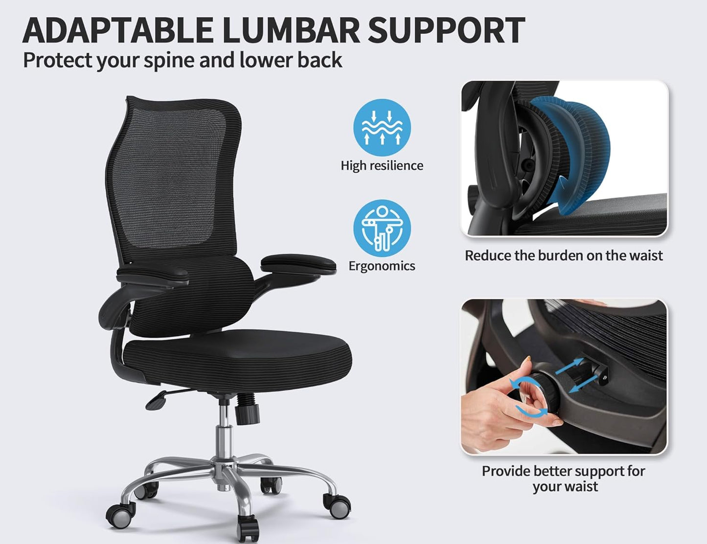Ergonomic Office Chair - Desk Chair with Wave High Back Adjustable Lumbar Support Computer Chair - Gaming Chairs Mesh Backrest and PU Leather Seat for Home Reading Chairs to Adults(Black)
