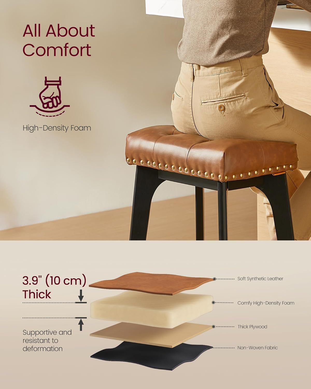 Bar Stools Set of 2, Saddle Counter Height Bar Stools, 26-Inch Backless Kitchen Stools with Wood Legs, PU Leather Thickened Upholstered Barstools for Kitchen Island Dining Room, Coffee Brown