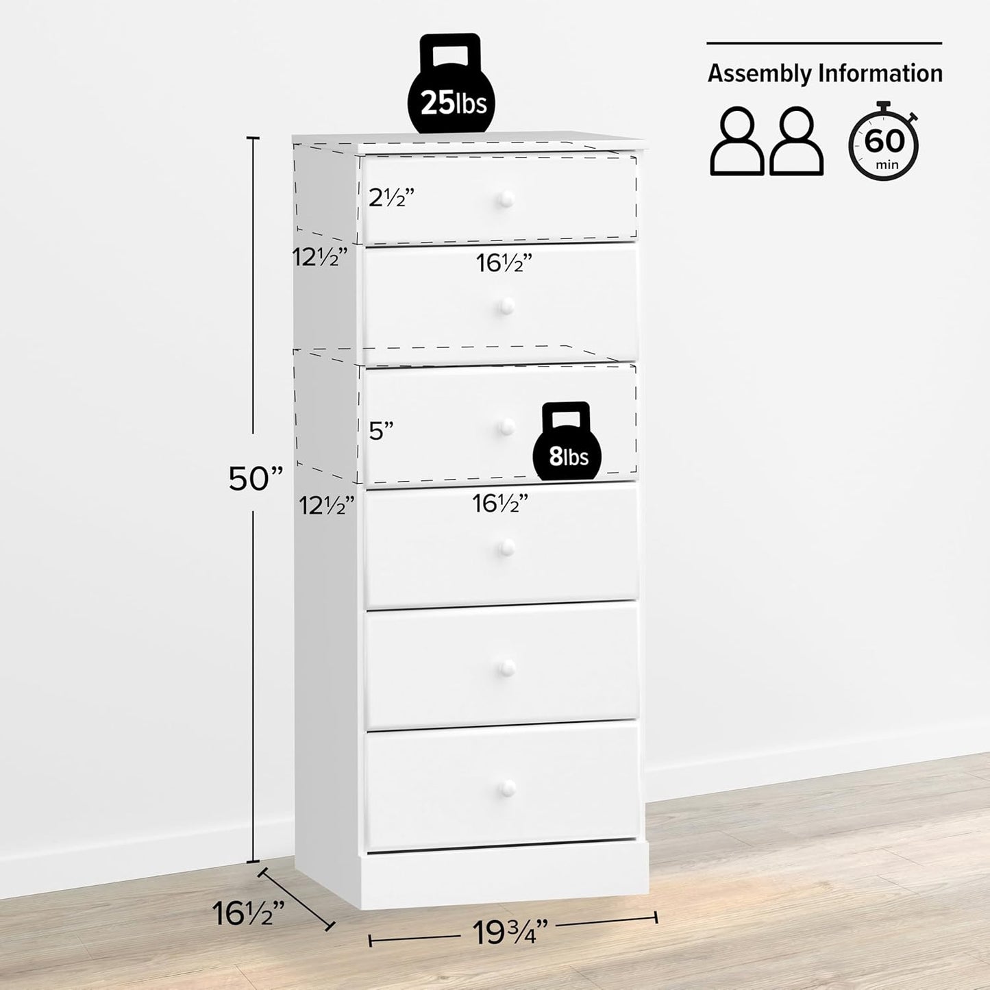 Astrid Tall White Dresser: 16.5"D X 19.75"W X 50"H, 6-Drawer Chest for Bedroom by - Perfect Chest of Drawers for Ample Storage