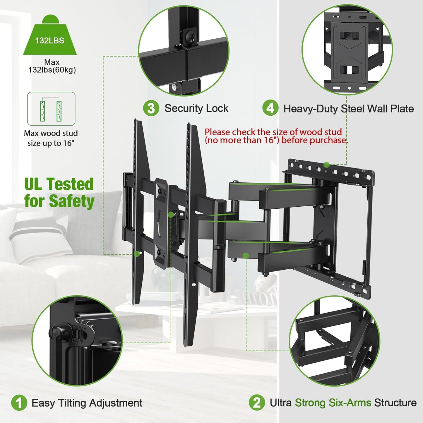 Full Motion TV Wall Mount for Most 42-86 Inch Flat Screen/Led/4K, TV Mount Bracket Dual Swivel Articulating Tilt 6 Arms, Max 16" Wood Studs, VESA 600X400Mm, Holds up to 132Lbs