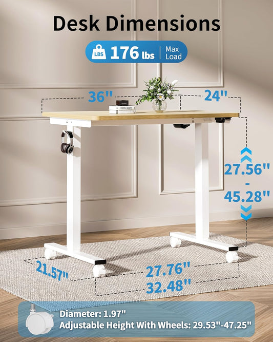 Small Electric Standing Desk, 36" X 24" Whole Piece Height Adjustable Desk, Oak Sit to Stand Computer Workstation with Wheels for Home Office