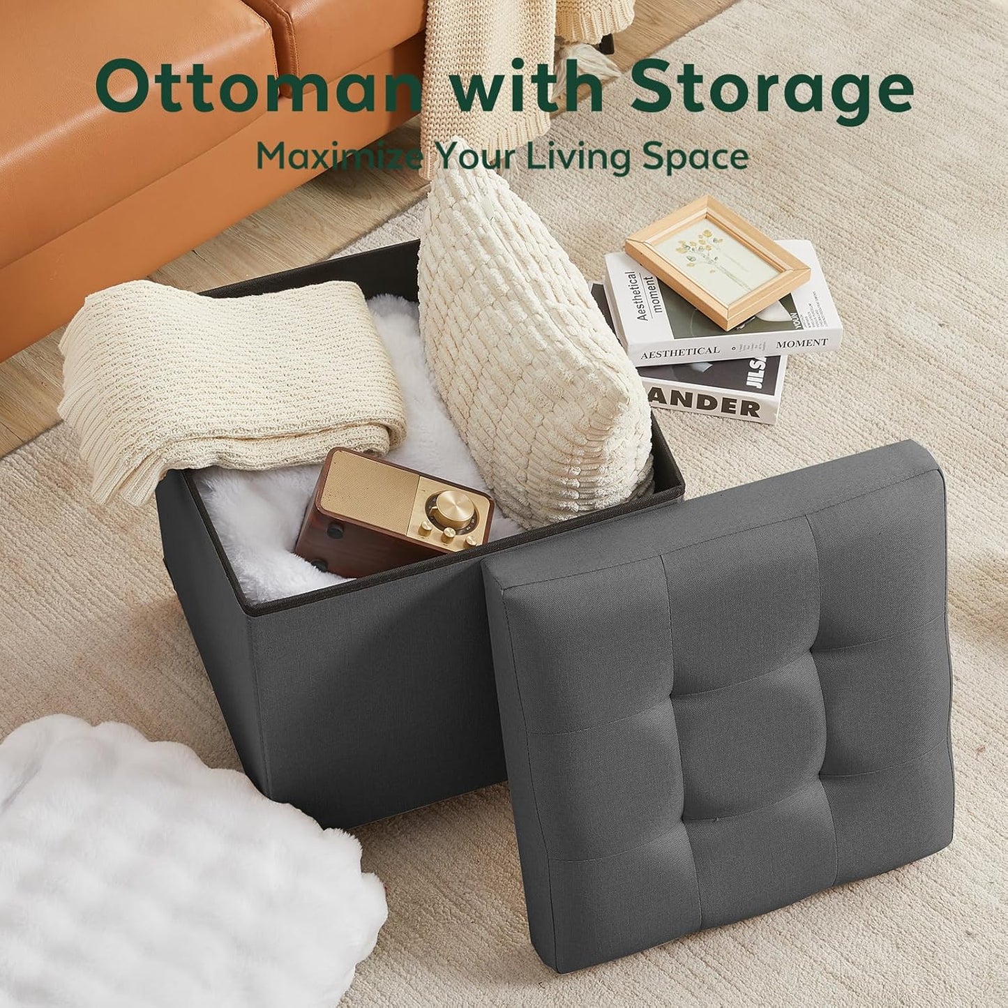 17.7" Square Ottoman with Storage, Storage Ottoman Foot Stool with Lid & Solid Wood Legs, Linen Ottomans for Living Room, Bedroom, Dorm, Black