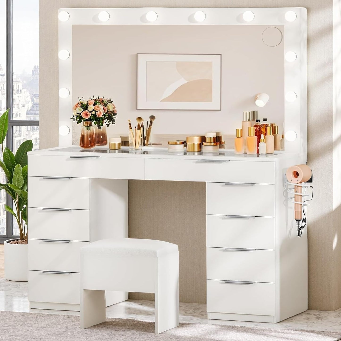 46'' Glass Top Makeup Vanity with 10 Drawers, Vanity Desk Set with Large LED Mirror, Built-In Charging Station & Cushioned Storage Chair, Dressing Table with 3-Color Light Modes, Cream White