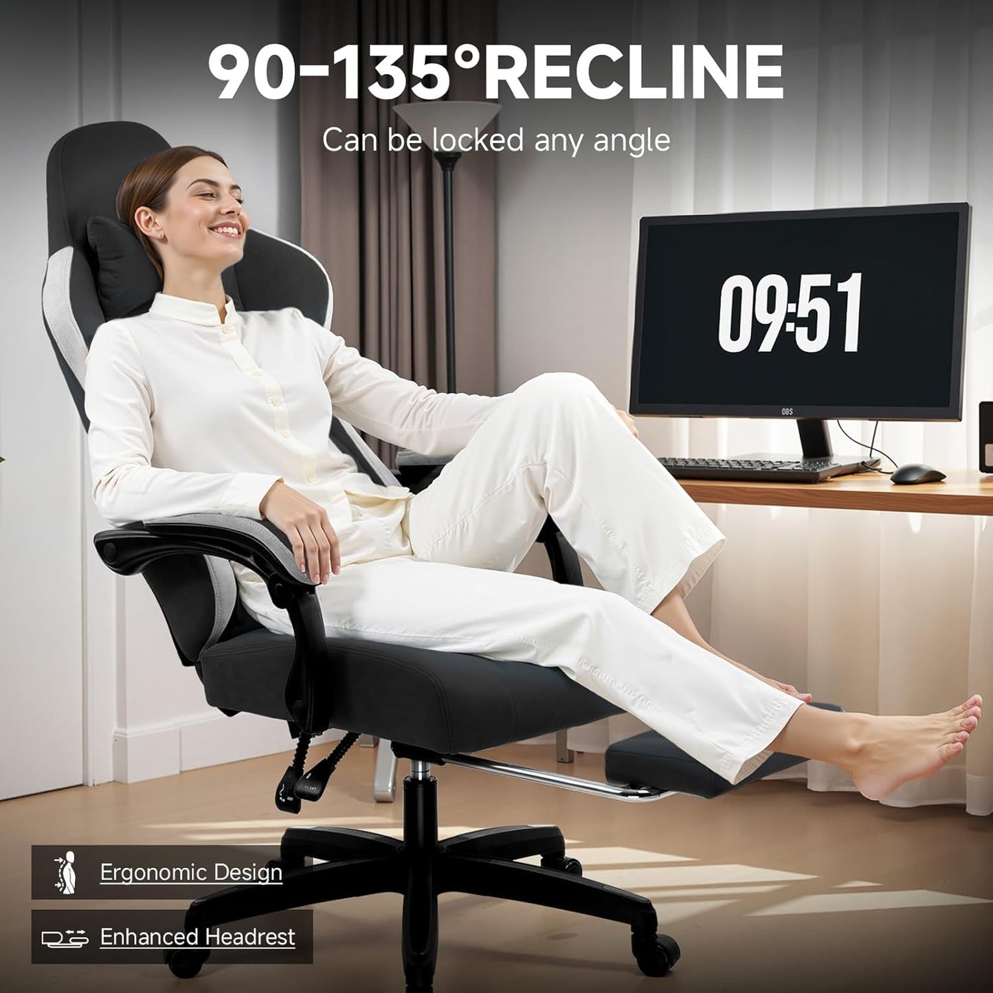 Office Chair, Gaming Computer Desk Fabric Chair with Footrest, High Back Ergonomic Office Chair with Pocket Spring Lumbar Support and Linkage Armrests Adjustable Height Swivel for Home Task