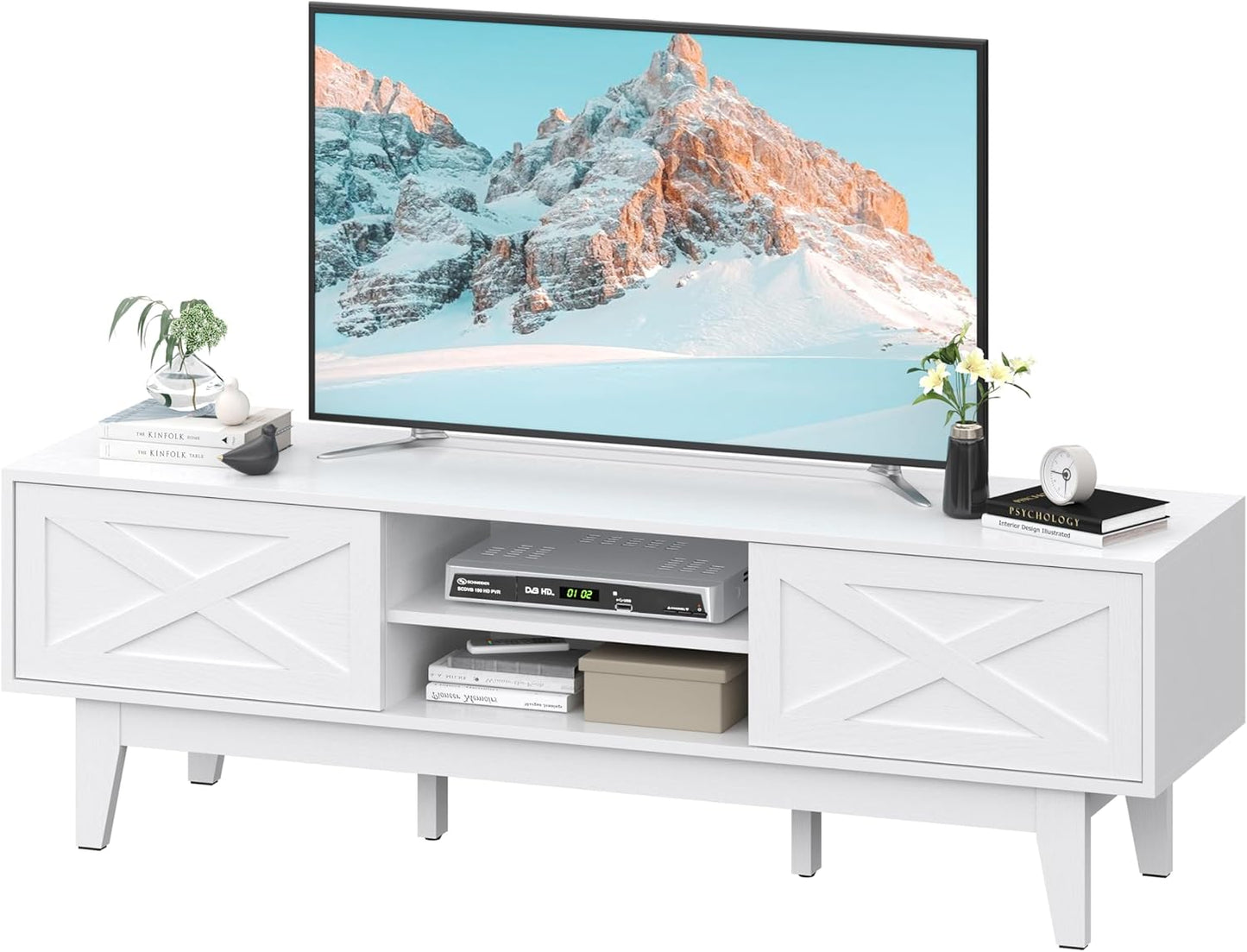 TV Stand for 55/60/65 Inch TV, Farmhouse Entertainment Center with Shelves, Cabinets and Sliding Doors, Rustic TV Media Console Table with Solid Wood Feet & Cord Holes for Living Room, Bedroom, White