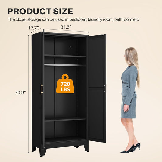 Metal Armoire Wardrobe Closet with 2 Mirror Doors, 71"' Wardrobe Cabinet with Adjustable Shelves and Hanging Rod, Clothing Storage Cabinet Closet with Mirror for Bedroom-Black