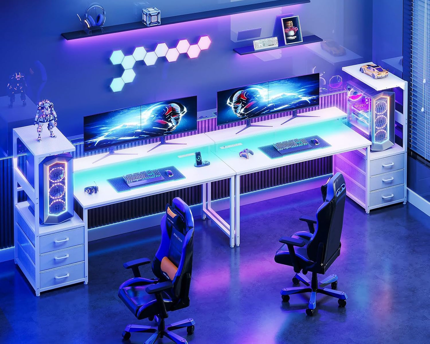 59 Inch Gaming Desk with USB Charging Ports & LED Light - Reversible Computer Desk with 3 Fabric Drawers, Monitor Stand, CPU Stand, and Side Hook, Modern Office Desk, White