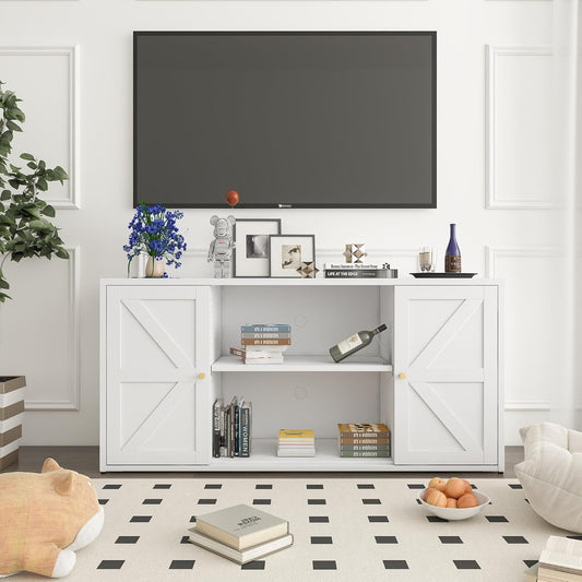 Metal Farmhouse TV Stand for 65 Inch TV, Entertainment Center with Storage Cabinets and 2 Barn Doors, Media TV Console Table for Living Room (White, 27.5" H-TV Stand)