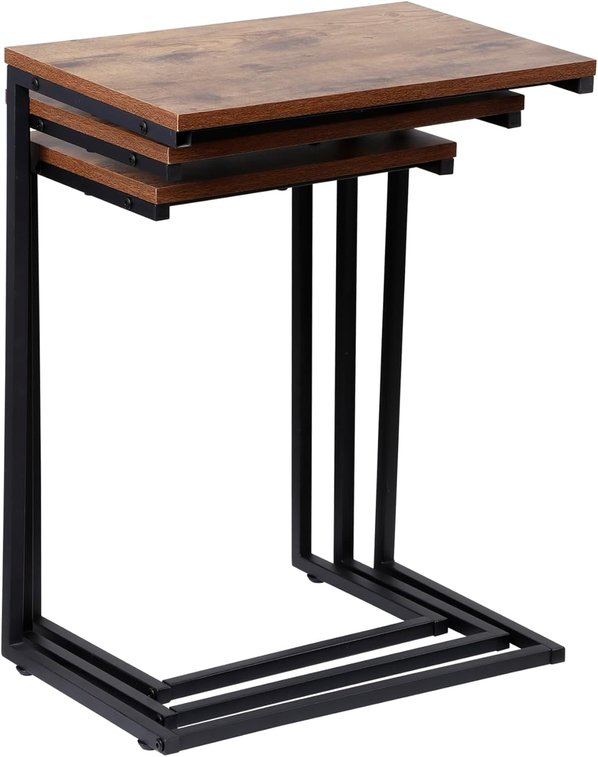 Nesting Tables Set of 3, Industrial C Shaped End Table Stackable Coffee Table Heavy Duty Metal Frame for Small Space, Living Room, Bedroom, Side Table Tray for Laptop Snack, Rustic Brown