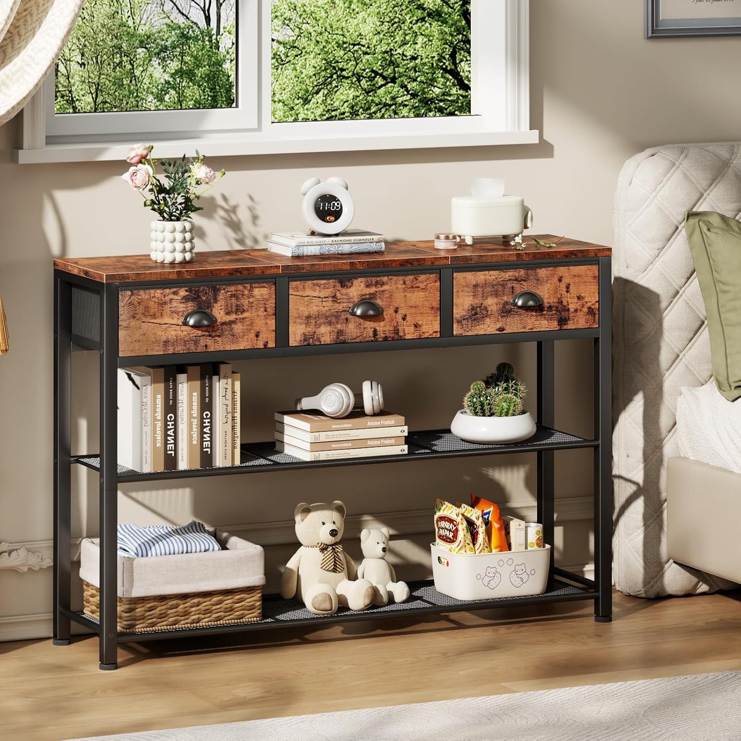 White Entryway Table, 38'' Console Sofa Table with 3 Fabric Drawers, Industrial Entry Way Table with Storage Shelves, Display Shelf for Living Room, Hallway, Entrance, Foyer