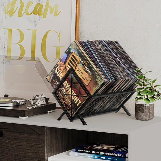 Vinyl Record Storage Holder - 80-100 LP Vinyl Organizer, Metal Record Display Rack, Quick Assembly Album Storage for Books, Black