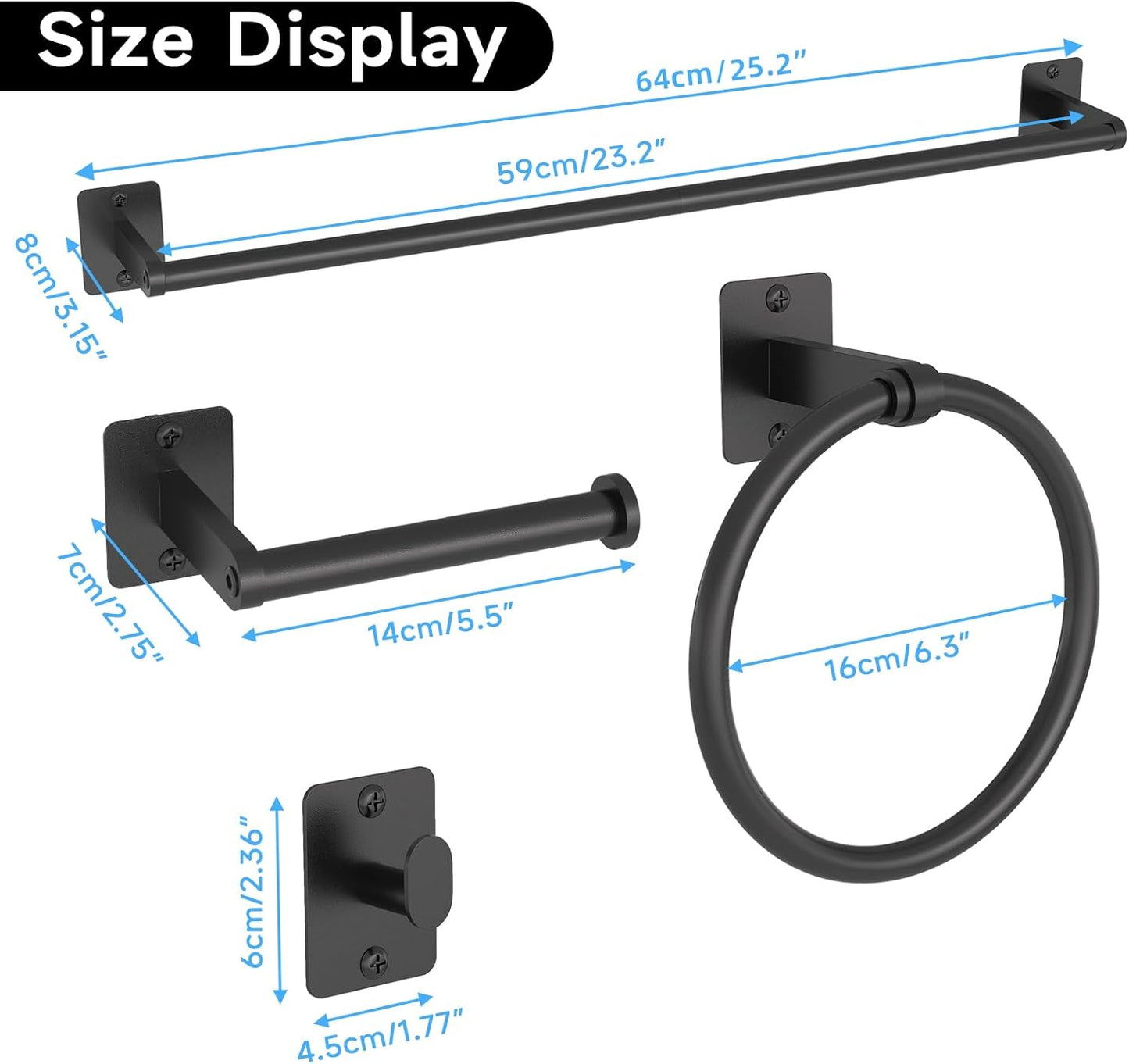 Matte Black Bathroom Accessories Set, 4 Pieces Bathroom Hardware Set, 24 Inch Towel Bar, Towel Racks for Bathroom, Robe Towel Hooks, Toilet Paper Holder Wall Mounted