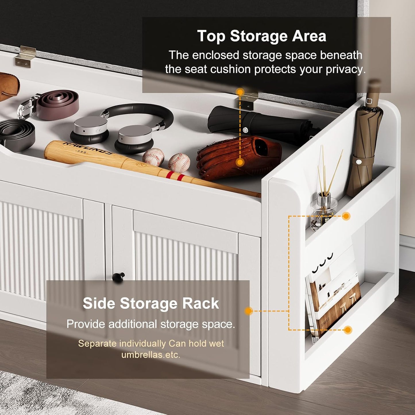 42.6" Storage Bench - Entryway Shoe Bench with Side Storage Shelves and 3 Doors, Multifunctional Entryway Bench with Lift Top Cushion, Shoe Storage Bench for Bedroom, Living Room, White