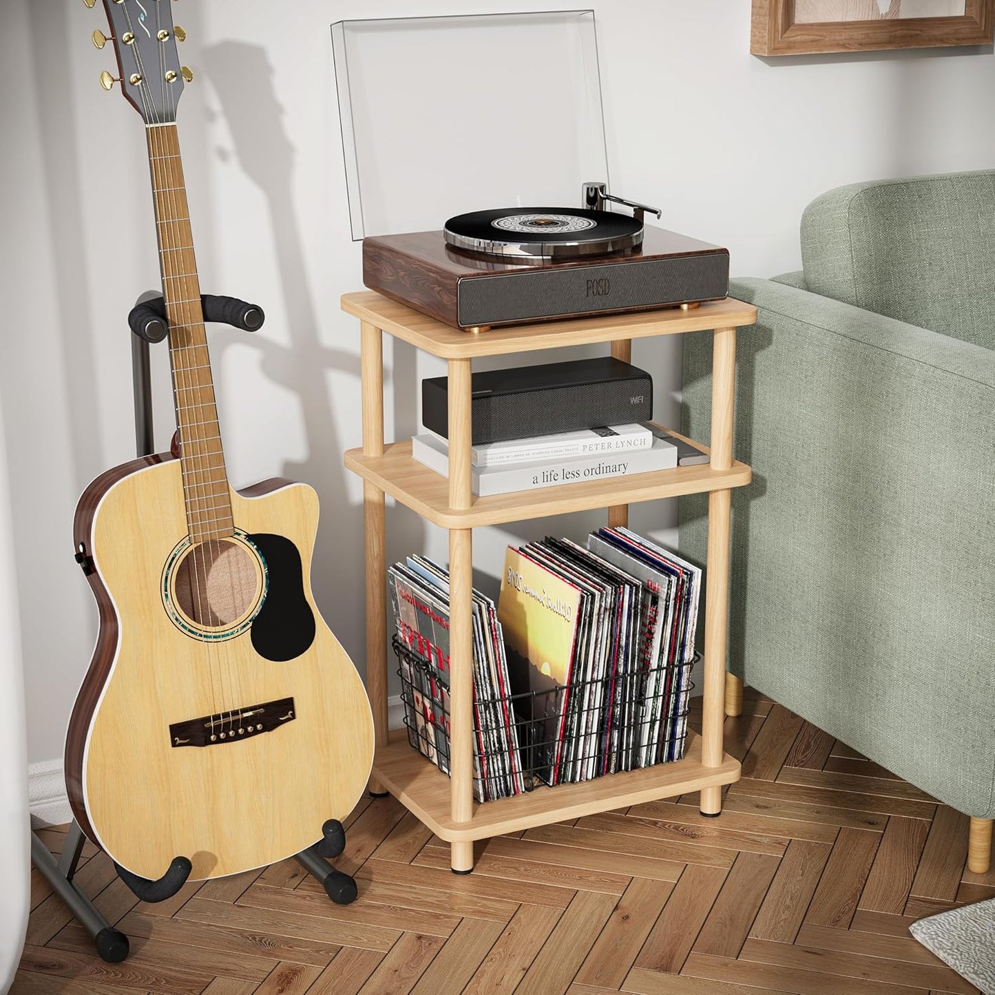 3 Tier End Table, Record Player Stand with Storage Shelf, Wooden Vinyl Record, Nightstand Bedside Table for Small Spaces, Bedroom, Living Room, Easy Assembly, Natural