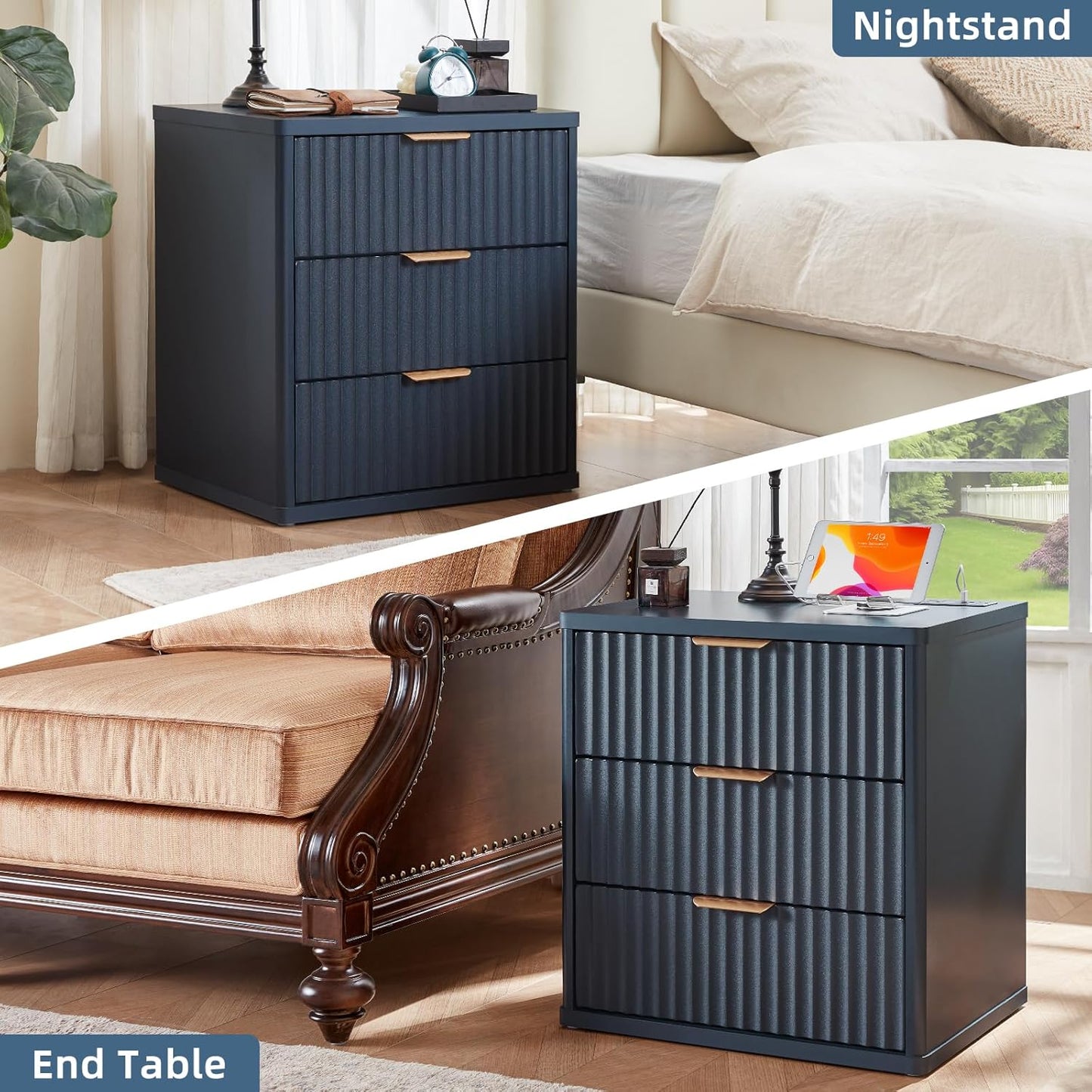 Fluted Dresser and Nightstand Sets, Wood 48" Wide Dresser & 23" Night Stand with Charging Station, 2 Piece Bedroom Furniture Set, Chest of Drawers for Bedroom, Home, Living Room,Nave Blue
