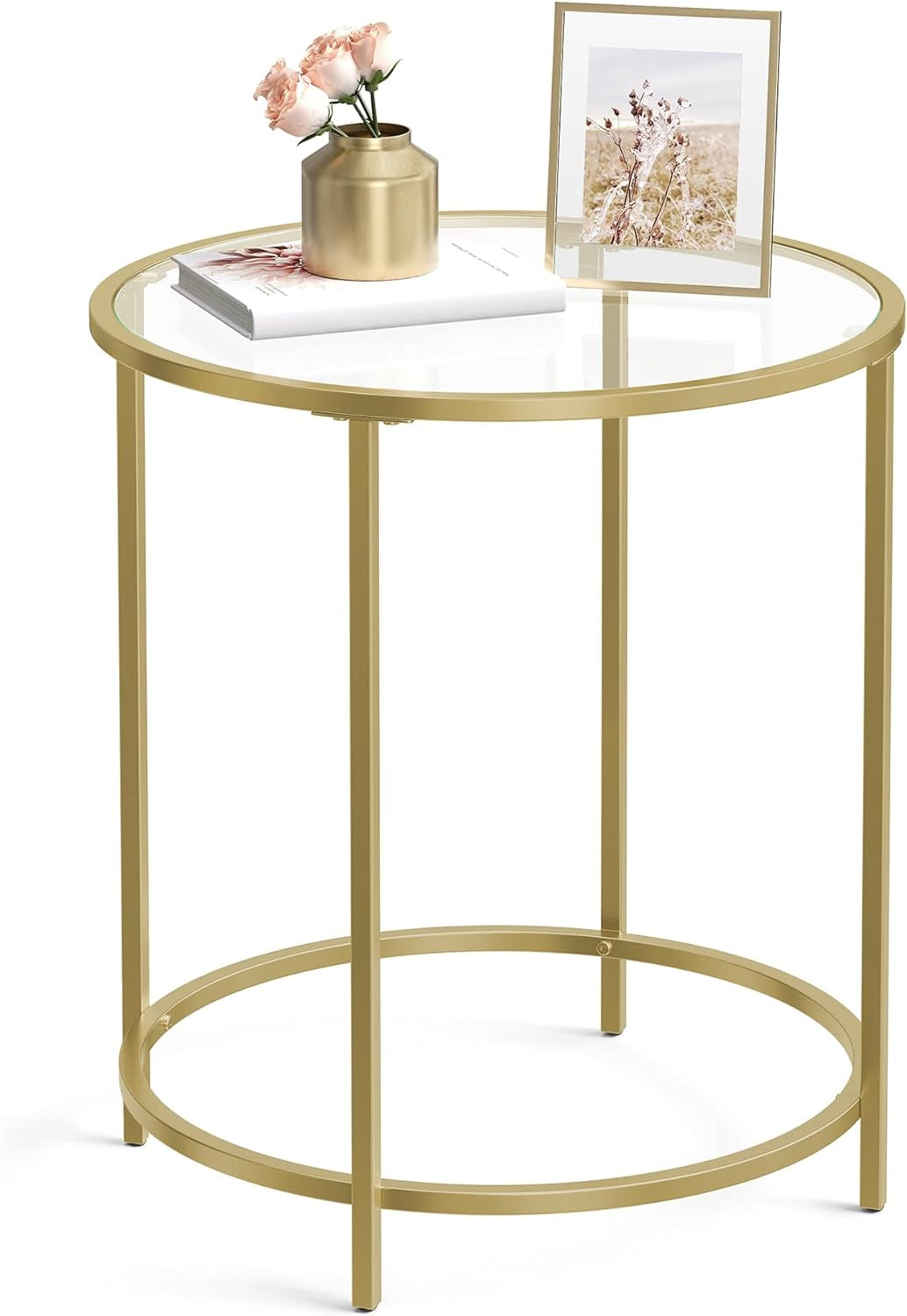 round Side Table, Glass End Table with Metal Frame, Black Coffee Table with Modern Style, for Living Room, Balcony, Bedroom, Black