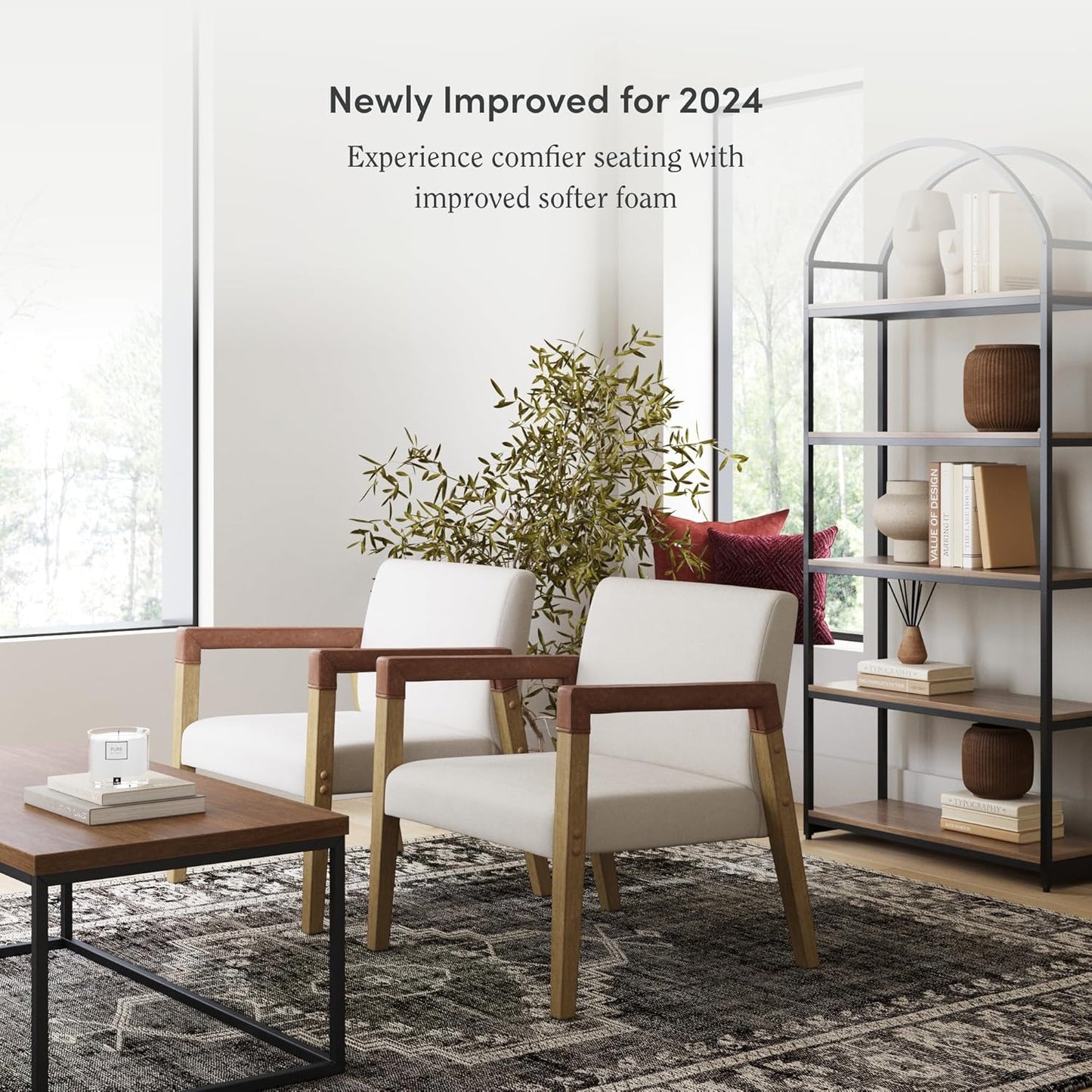 Hudson Accent Living Room Chair, Comfy Reading Bedroom Chair, Mid-Century Wood Armchair, Upholstered Fabric and Leather Armrest
