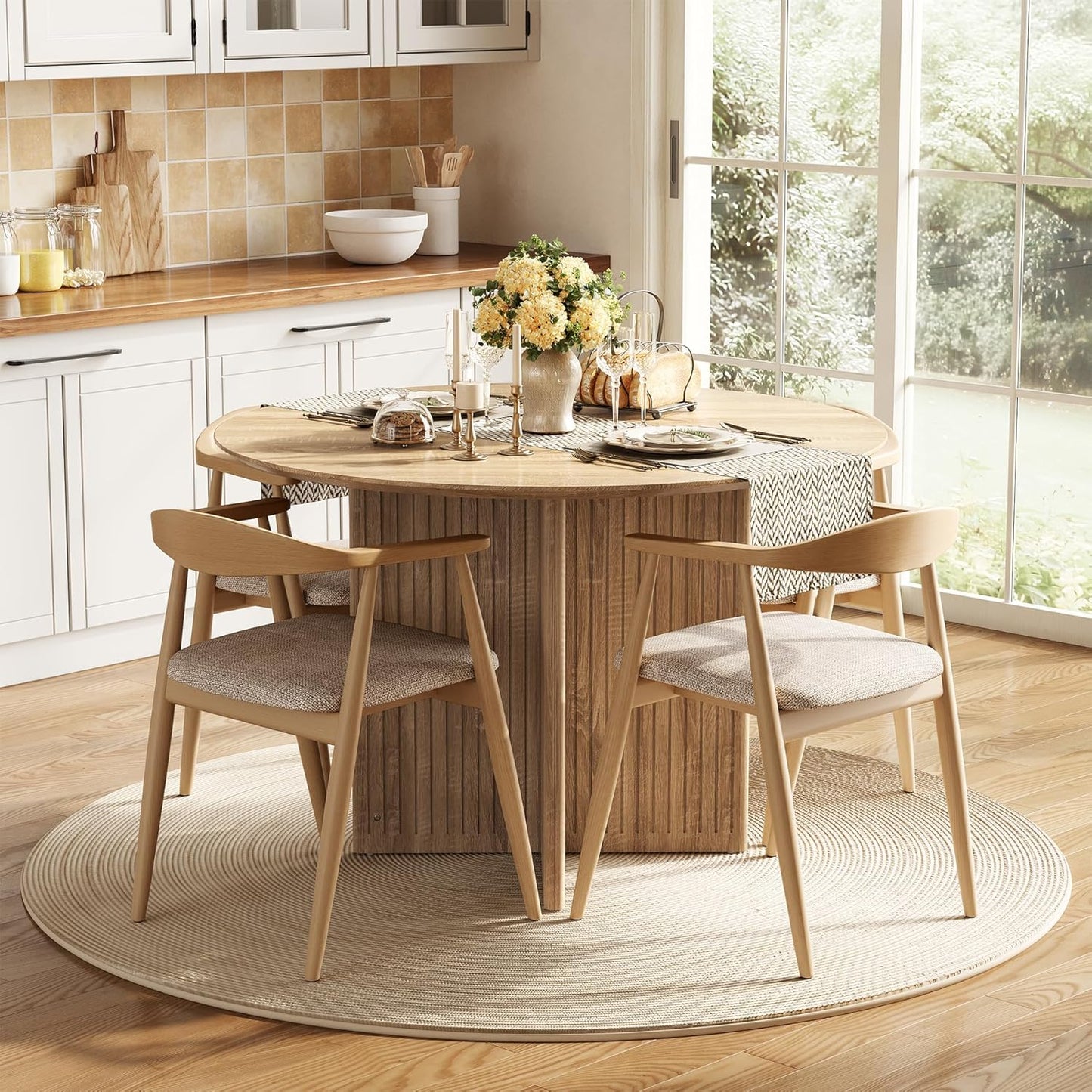 round Dining Table for 4-6 People, Modern Wooden Kitchen Table with Pedestal Base, Small Dinner Table for Dining Room, Kitchen, Living Room