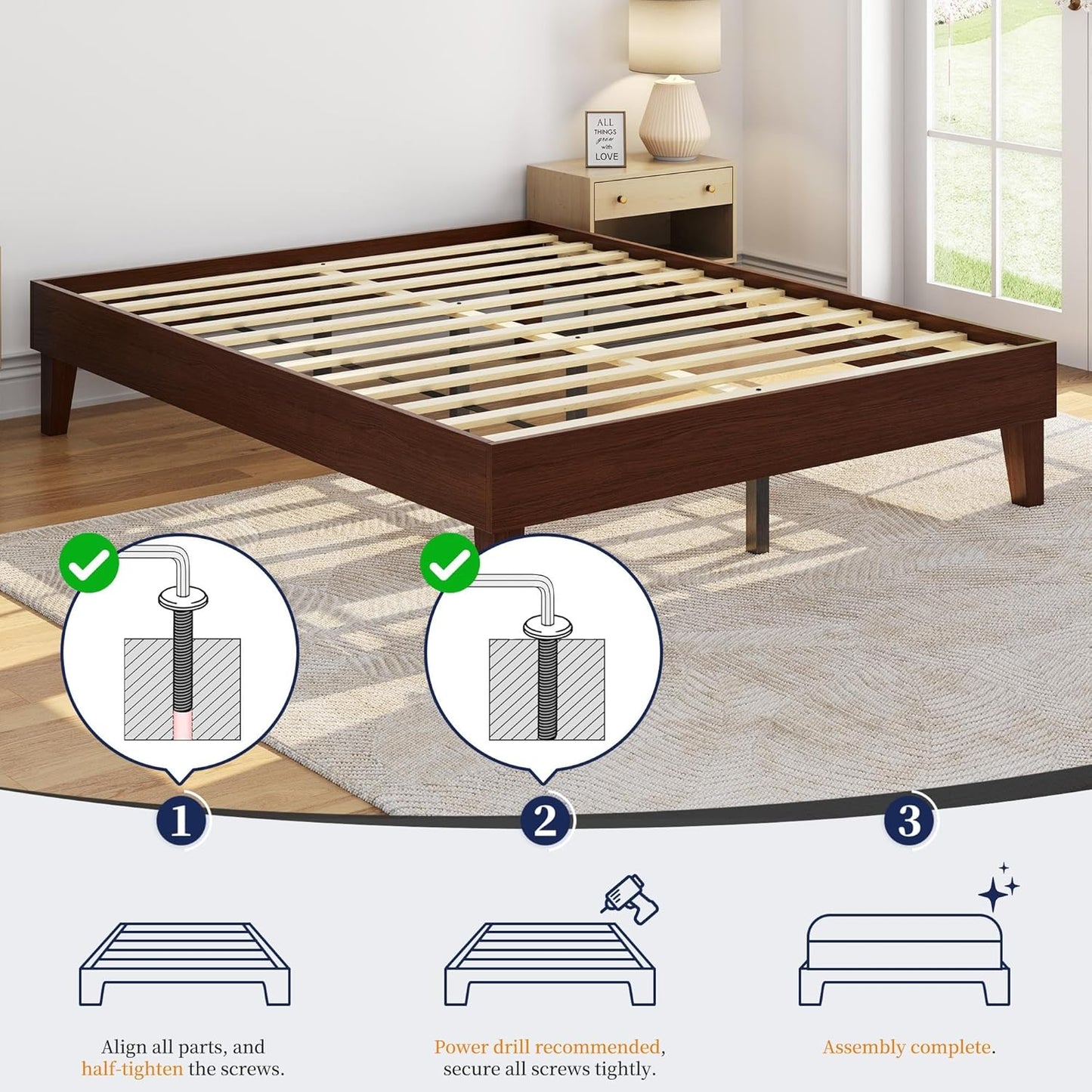 Queen Bed Frame Natural Solid Wood Platform Bed with Wooden Slats Support, 12-Inch Underbed Space for Storage, Noise-Free Design, Easy Assembly, Dark Walnut Finish