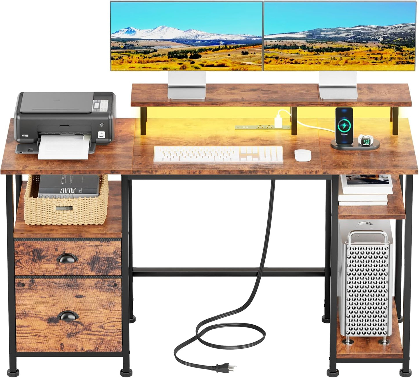 51" Computer Desk with Power Outlet and LED Lights, Reversible Home Office Desk with File Cabinet & Monitor Stand, Large Gaming Table with Storage Shelves & Drawer, Rustic Brown