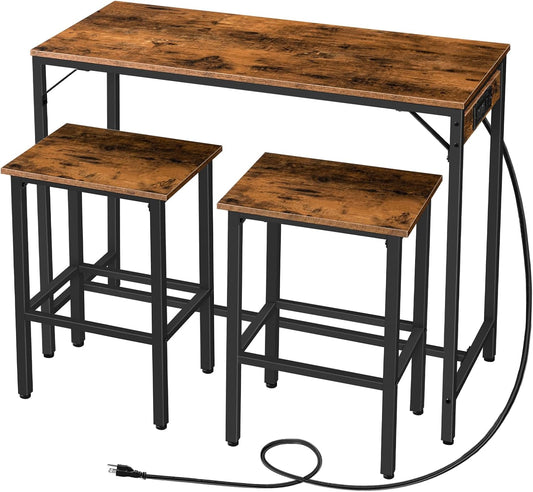 Bar Table and Chairs Set, 47.2" Dining Table Set with Power Outlet, 3-Piece Pub Table Set, Kitchen Bar Height Table with Stools of 2, Space Saving for Living Room, Rustic Brown BF46UBT01