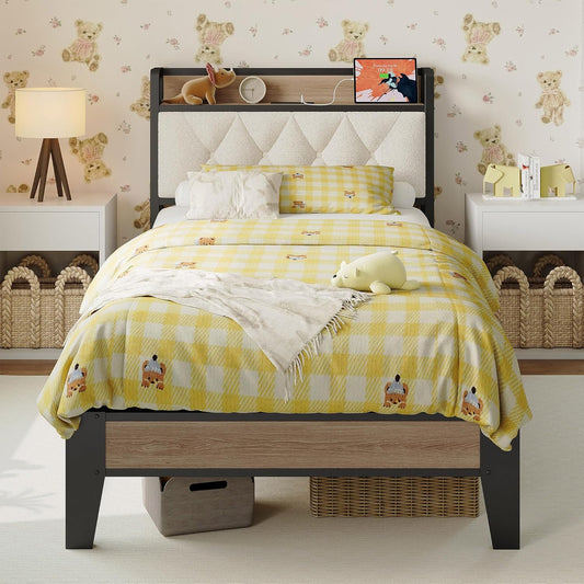 Twin Size Bed Frame, Storage Headboard with Charging Station, Platform Bed Frame with Strong Metal Support, Sturdy and Stable, Noise Free, No Box Spring Needed, Easy Assembly