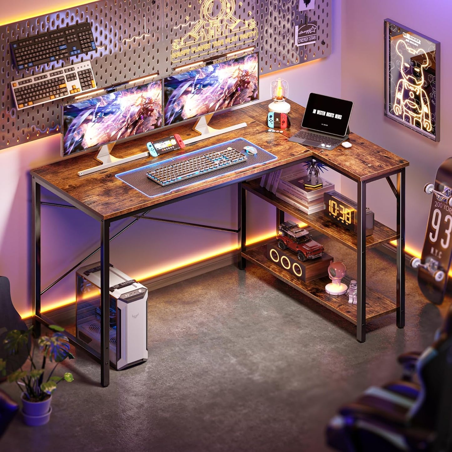 47 Inches L Shaped Desk, Computer Desk with Reversible Storage Shelves, for Gaming Corner Home Office Writing Study, Metal Frame, Rustic Brown