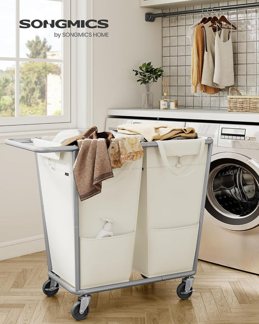 Laundry Basket with Wheels, 2-Section Laundry Sorter, 50.2 Gallons (190 L) Rolling Hamper with Removable Bags, Heavy-Duty Steel Frame, Cream White URLS009W01