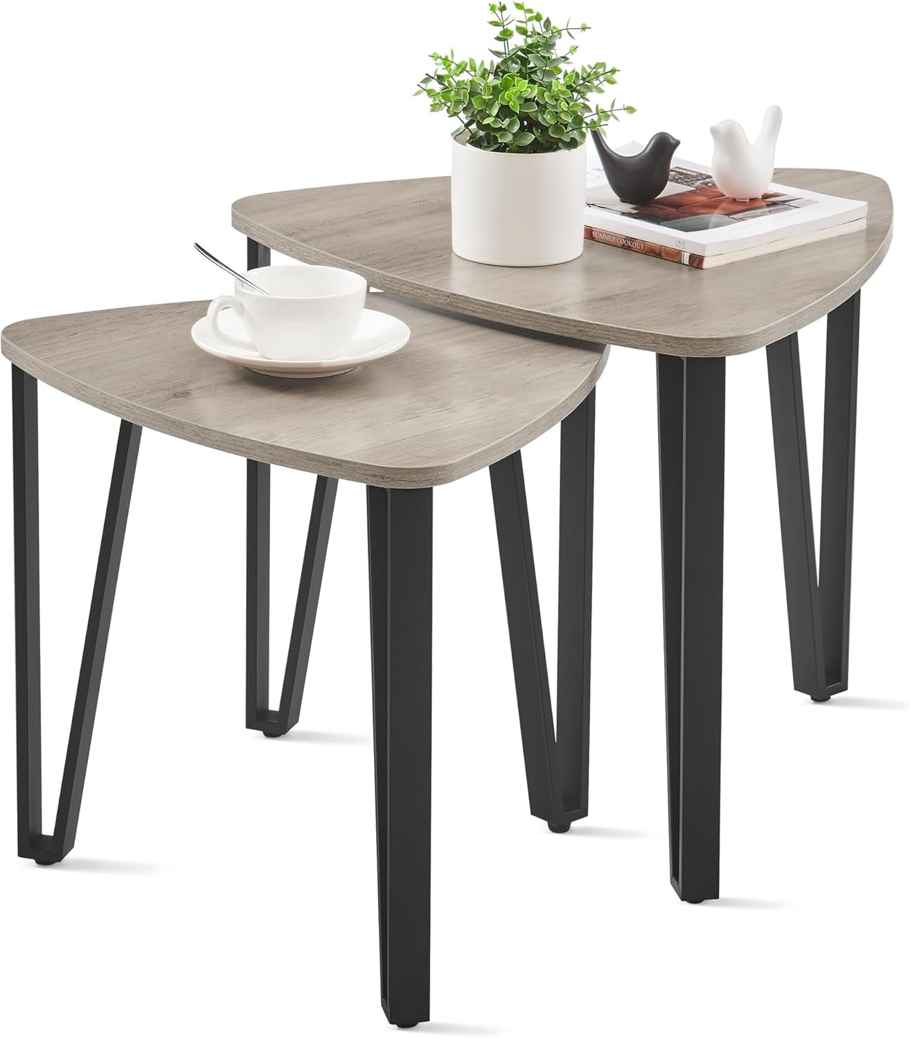 Nesting Coffee Tables, End Tables Set of 2 for Living Room Bedroom, Industrial Small Stacking Side Tables with Metal Frame for Couch, Heather Greige and Black ULET013B02