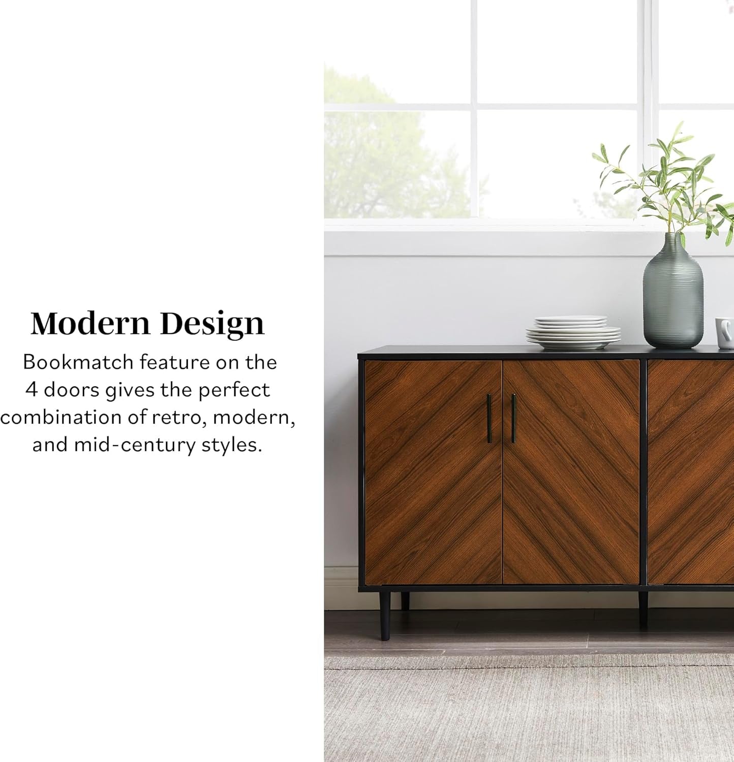 Caye Modern 4-Door Bookmatch Buffet-Sideboard for Storage, 58 Inch, Acorn Bookmatch/Black