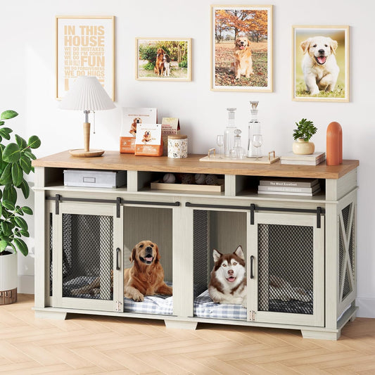 71" Extra Large Dog Crate Furniture, Wooden Double Dog Crates Kennel Cage,Furniture Style Tv Stand Side End Table for 2 Dogs with Removable Divider for Large Dogs,3 Storage,Dark Walnut/Ligh